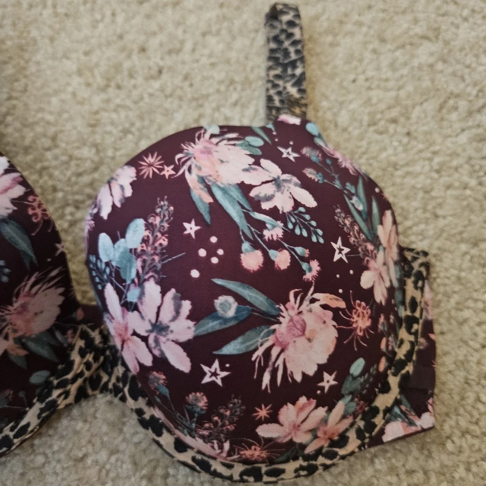 Victoria's Secret Lined Demi Bra Purple Floral Leopard Print Size 32DD